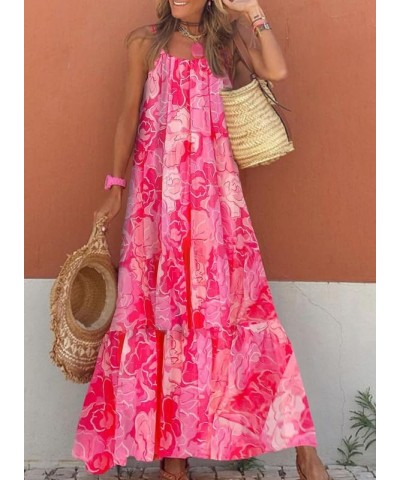 Women Summer Dresses 2024 Spaghetti Strap Scoop Neck Smocked Ruffle Flowy Boho Maxi Dress Rose $22.89 Dresses