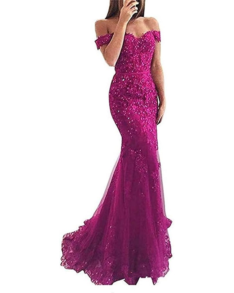 Women's Off The Shoulder Prom Dress Lace Mermaid Evening Gown Fuchsia $45.60 Dresses