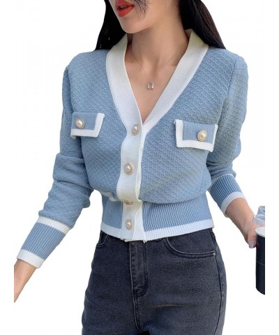 Women's Colorblock Button Up V Neck Crop Cardigan Elegant Long Sleeve Shrug Cropped Cardigan Blue Solid $17.55 Sweaters