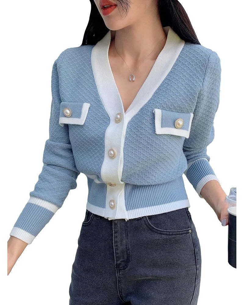 Women's Colorblock Button Up V Neck Crop Cardigan Elegant Long Sleeve Shrug Cropped Cardigan Blue Solid $17.55 Sweaters