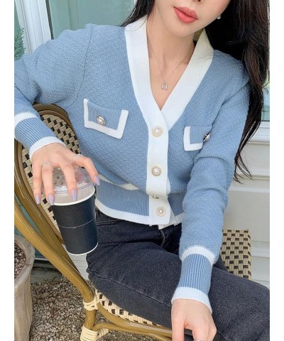 Women's Colorblock Button Up V Neck Crop Cardigan Elegant Long Sleeve Shrug Cropped Cardigan Blue Solid $17.55 Sweaters