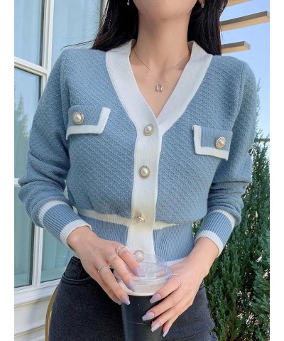 Women's Colorblock Button Up V Neck Crop Cardigan Elegant Long Sleeve Shrug Cropped Cardigan Blue Solid $17.55 Sweaters