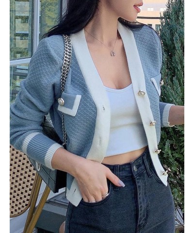 Women's Colorblock Button Up V Neck Crop Cardigan Elegant Long Sleeve Shrug Cropped Cardigan Blue Solid $17.55 Sweaters