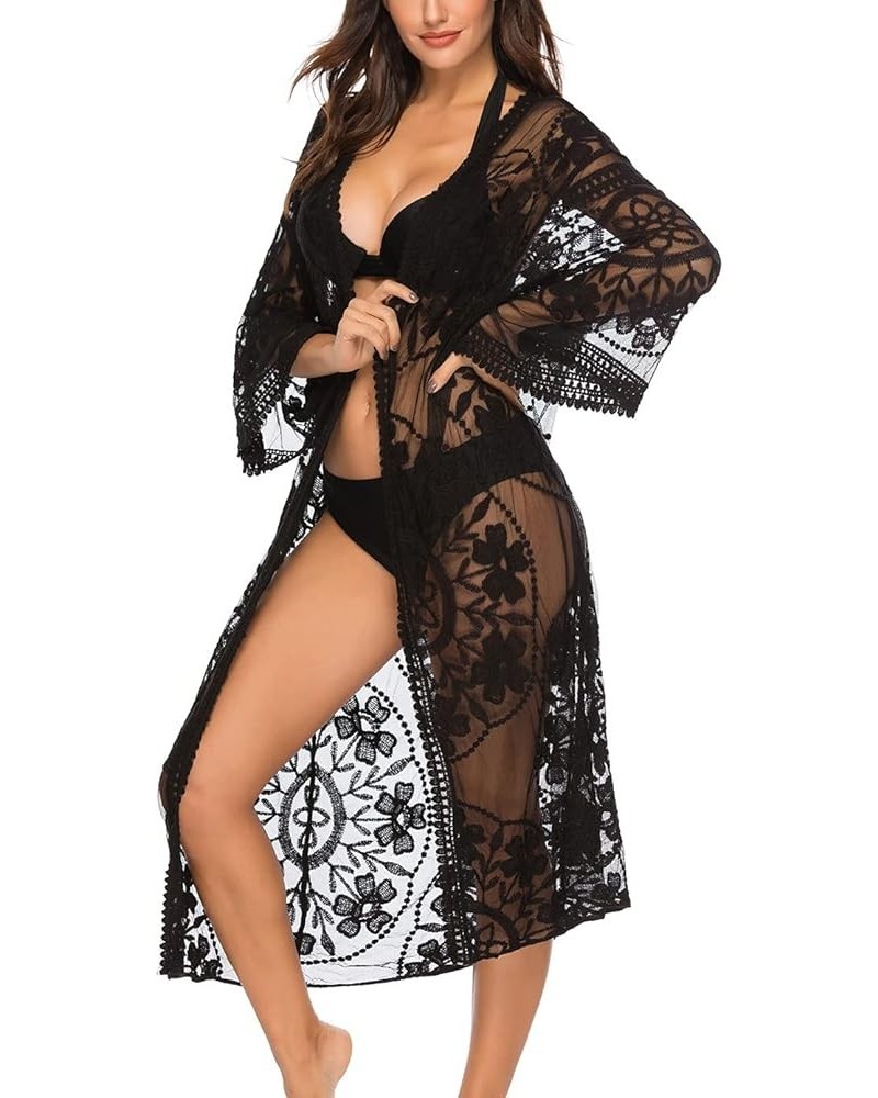 Women's Flowy Bathing Suit Kimono Cardigan Lace Crochet Swimwear Floral Cover Ups F1-black $13.12 Swimsuits