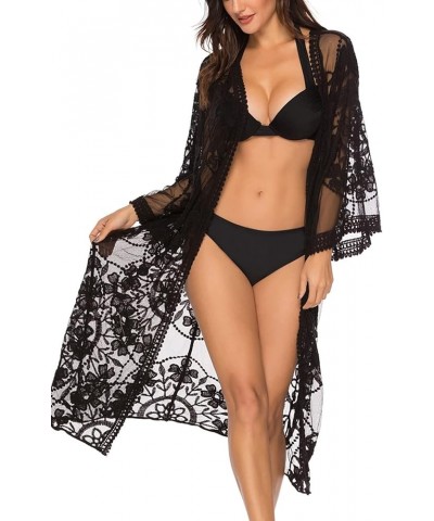 Women's Flowy Bathing Suit Kimono Cardigan Lace Crochet Swimwear Floral Cover Ups F1-black $13.12 Swimsuits