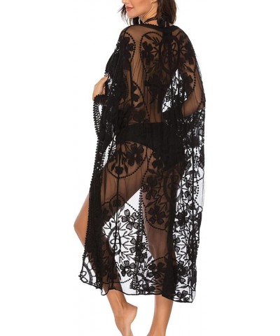 Women's Flowy Bathing Suit Kimono Cardigan Lace Crochet Swimwear Floral Cover Ups F1-black $13.12 Swimsuits