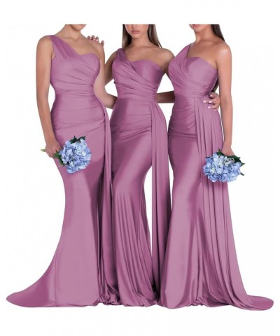 One Shoulder Mermaid Bridesmaid Dresses for Wedding Ruched Satin Prom Dress Bodycon Formal Party Dress Lilac $44.82 Dresses