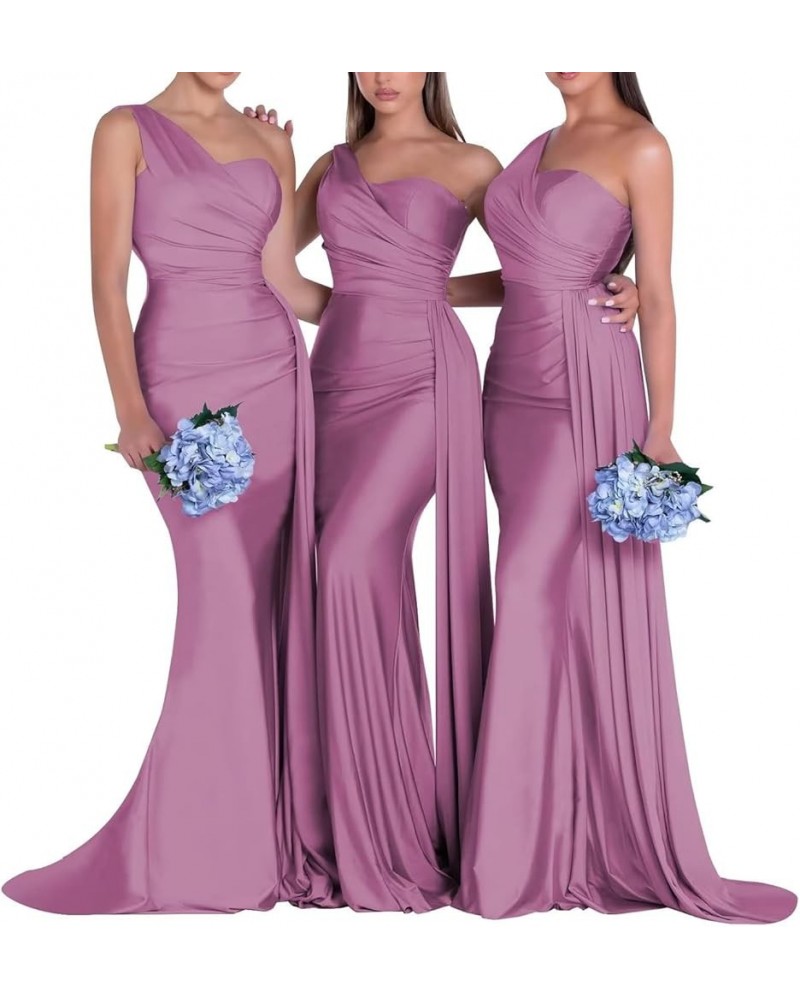 One Shoulder Mermaid Bridesmaid Dresses for Wedding Ruched Satin Prom Dress Bodycon Formal Party Dress Lilac $44.82 Dresses