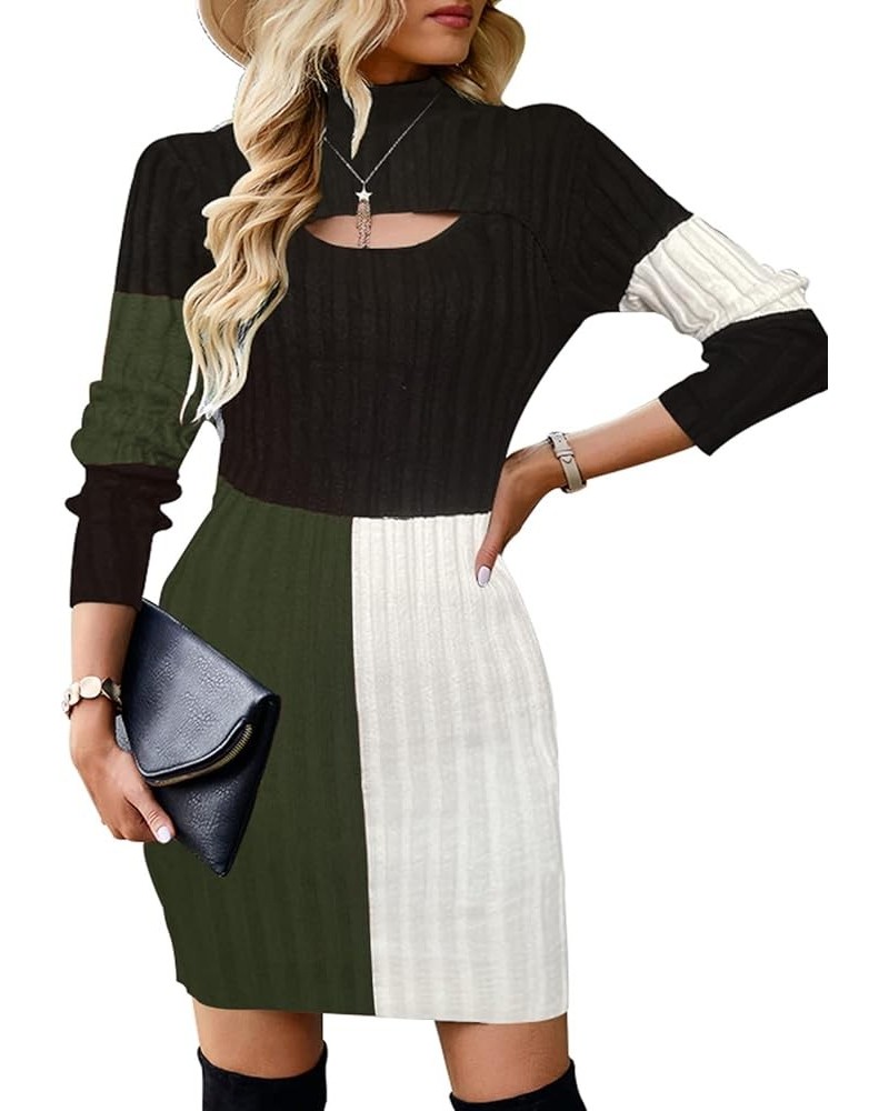 Women Long Sleeve Mock Neck Knit Stretch Slim Cutout Pullover Sweater Ribbed Bodycon Mini Sweater Dress Armygreenwhite $24.77...