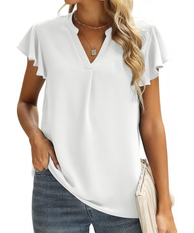 Women Summer Casual Split V Neckline Chiffon Blouses Loose Tunic Short Sleeve Tops 04-white $11.79 Blouses