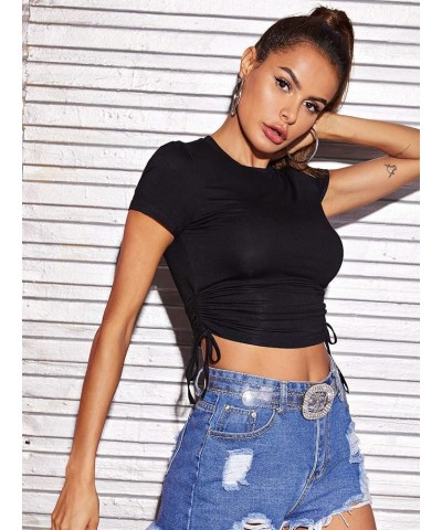 Women's Drawstring Ruched Side Cap Sleeve Crop Top Crewneck Casual Tee A Black $9.46 T-Shirts