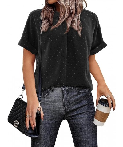 Womens Work Blouses Swiss Dots Casual Short Sleeve Crew Neck Office Shirts Black $17.04 Blouses