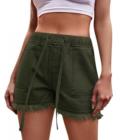 Jean Shorts Womens Teen Girls Casual Summer Mid Rise Stretchy Ripped Cuffed Hem Tassels Denim Shorts with Pockets Z2-green $4...