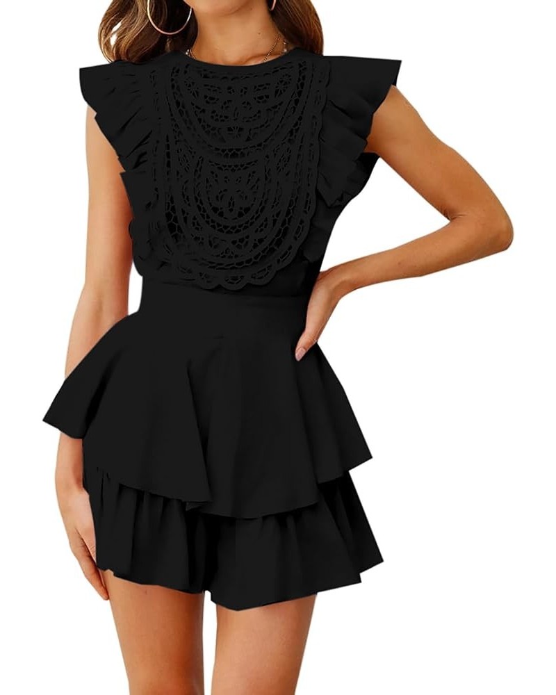 Women's Floral Lace Crochet Short Romper Flutter Sleeve Crew Neck Summer Rompers Casual Layered Ruffle Hem Jumpsuit Black $17...