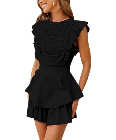 Women's Floral Lace Crochet Short Romper Flutter Sleeve Crew Neck Summer Rompers Casual Layered Ruffle Hem Jumpsuit Black $17...