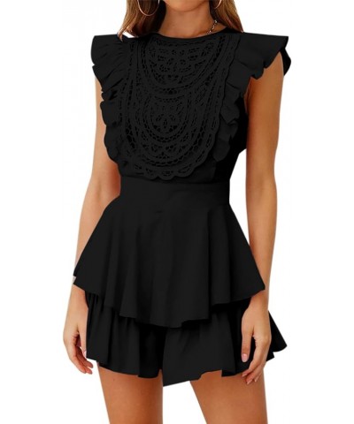 Women's Floral Lace Crochet Short Romper Flutter Sleeve Crew Neck Summer Rompers Casual Layered Ruffle Hem Jumpsuit Black $17...