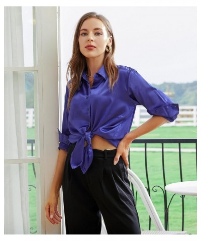 Womens Button Down Shirt Long Sleeve Work Dress Shirts Wrinkle Free Satin Blouses Business Casual Tops Dressy Royalblue $13.1...