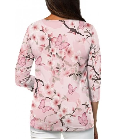 3/4 Length Sleeve Tops for Women Casual Shirts Loose Fit Three Quarter Length Sleeve Blouse Plus Size S-2XL Butterfly Cherry ...