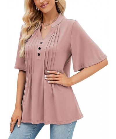 Women's Floral Print Short Ruffle Sleeve Pleated Front V Neck Button Tunic Tops Pure Pink $13.86 Tops