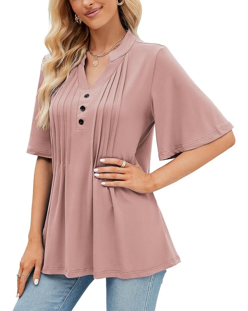 Women's Floral Print Short Ruffle Sleeve Pleated Front V Neck Button Tunic Tops Pure Pink $13.86 Tops