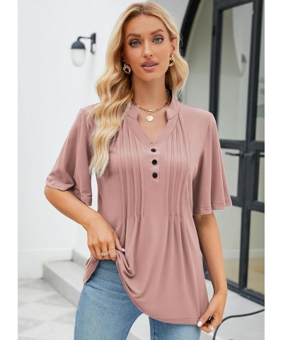 Women's Floral Print Short Ruffle Sleeve Pleated Front V Neck Button Tunic Tops Pure Pink $13.86 Tops