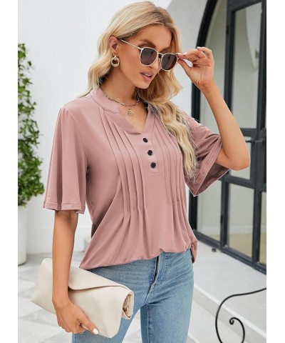 Women's Floral Print Short Ruffle Sleeve Pleated Front V Neck Button Tunic Tops Pure Pink $13.86 Tops