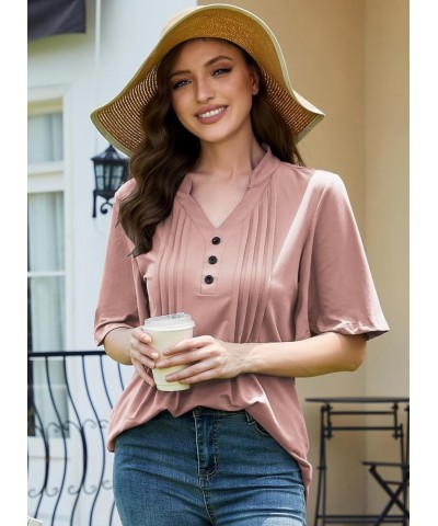 Women's Floral Print Short Ruffle Sleeve Pleated Front V Neck Button Tunic Tops Pure Pink $13.86 Tops