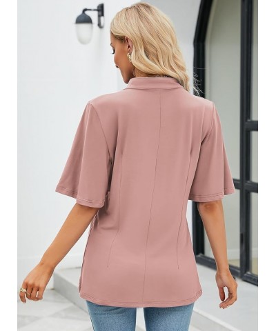 Women's Floral Print Short Ruffle Sleeve Pleated Front V Neck Button Tunic Tops Pure Pink $13.86 Tops