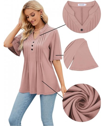 Women's Floral Print Short Ruffle Sleeve Pleated Front V Neck Button Tunic Tops Pure Pink $13.86 Tops