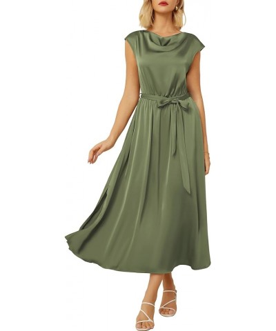 Women's 2024 Satin Midi Dress Summer Cap Sleeve Cowl Neck Belted Slit Elegant A-Line Flowy Dress with Pockets Army Green $33....