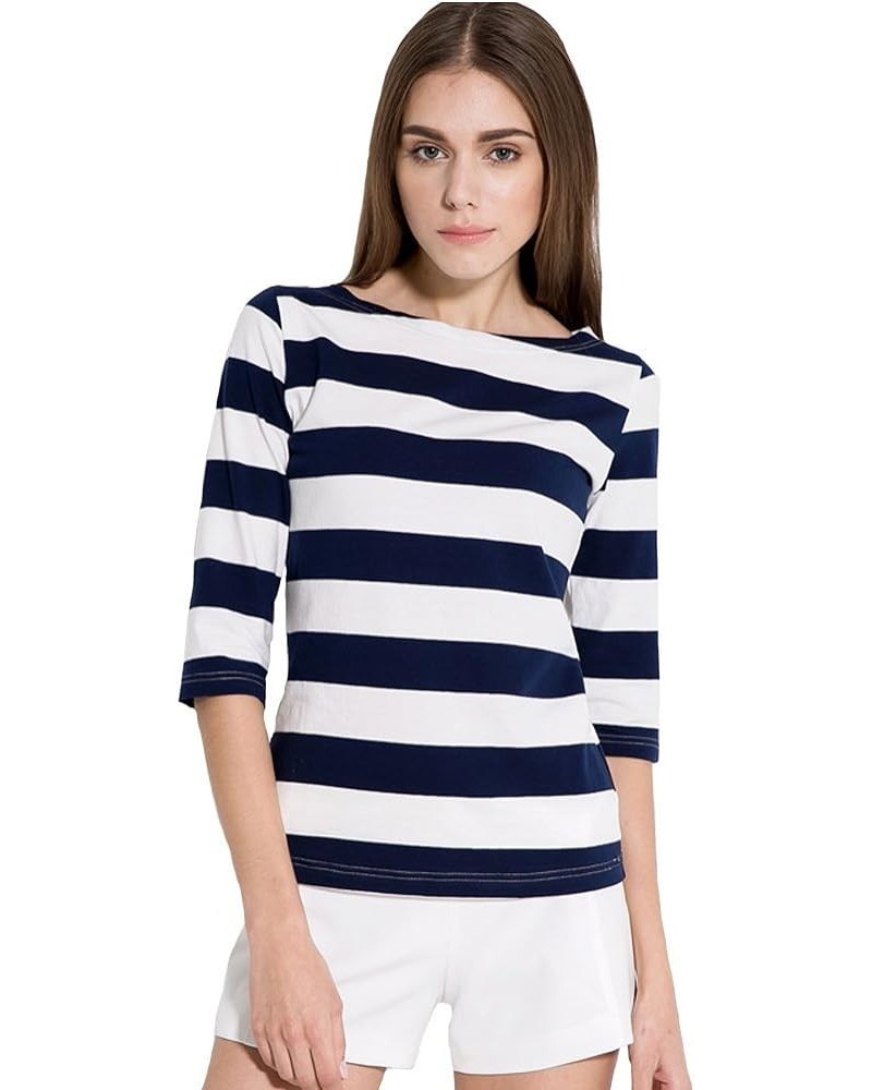 3/4 Sleeve Shirts for Women, Striped Tee Shirts Cotton Stretchy Lightweight Slim Fit Navy Blue $13.50 T-Shirts