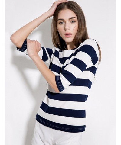 3/4 Sleeve Shirts for Women, Striped Tee Shirts Cotton Stretchy Lightweight Slim Fit Navy Blue $13.50 T-Shirts