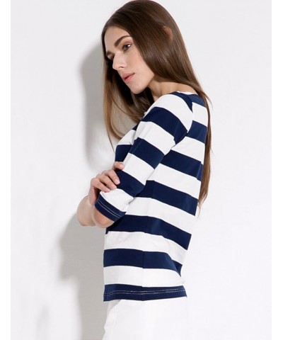 3/4 Sleeve Shirts for Women, Striped Tee Shirts Cotton Stretchy Lightweight Slim Fit Navy Blue $13.50 T-Shirts