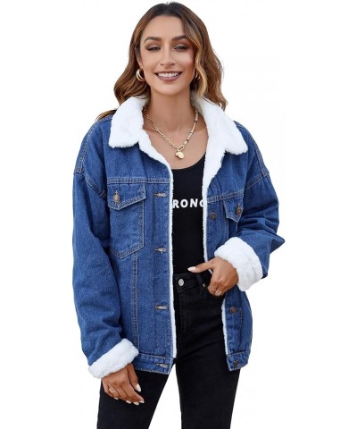 Women's Retro Sherpa Lined Denim Jacket Warm Jean Coats Thicker Outerwear with Pockets Denim Blue $29.90 Jackets