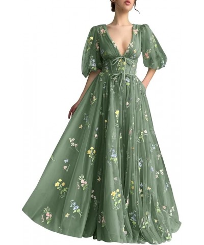 Puffy Sleeves Prom Dresses for Women 2023 Long Tulle Flower Embroidery V Neck Formal Evening Party Gowns Sage Green-floor Len...