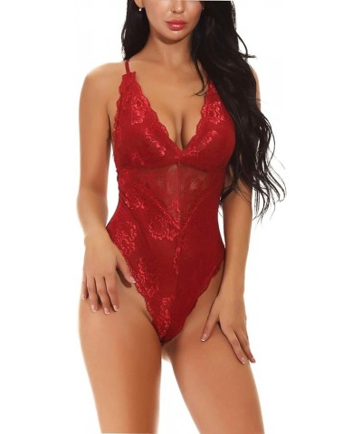 Women Lingerie Sexy Lace Bodysuit Deep V Teddy One Piece Lace Babydoll Dark Red $11.79 Lingerie