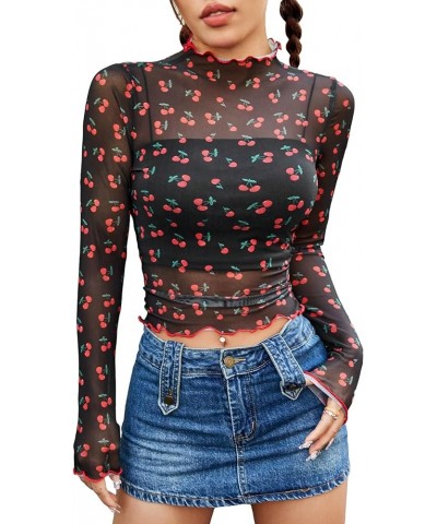 Women's Long Sleeve See Though Sheer Mesh Crop Tee Tops Black Cherry $10.50 T-Shirts