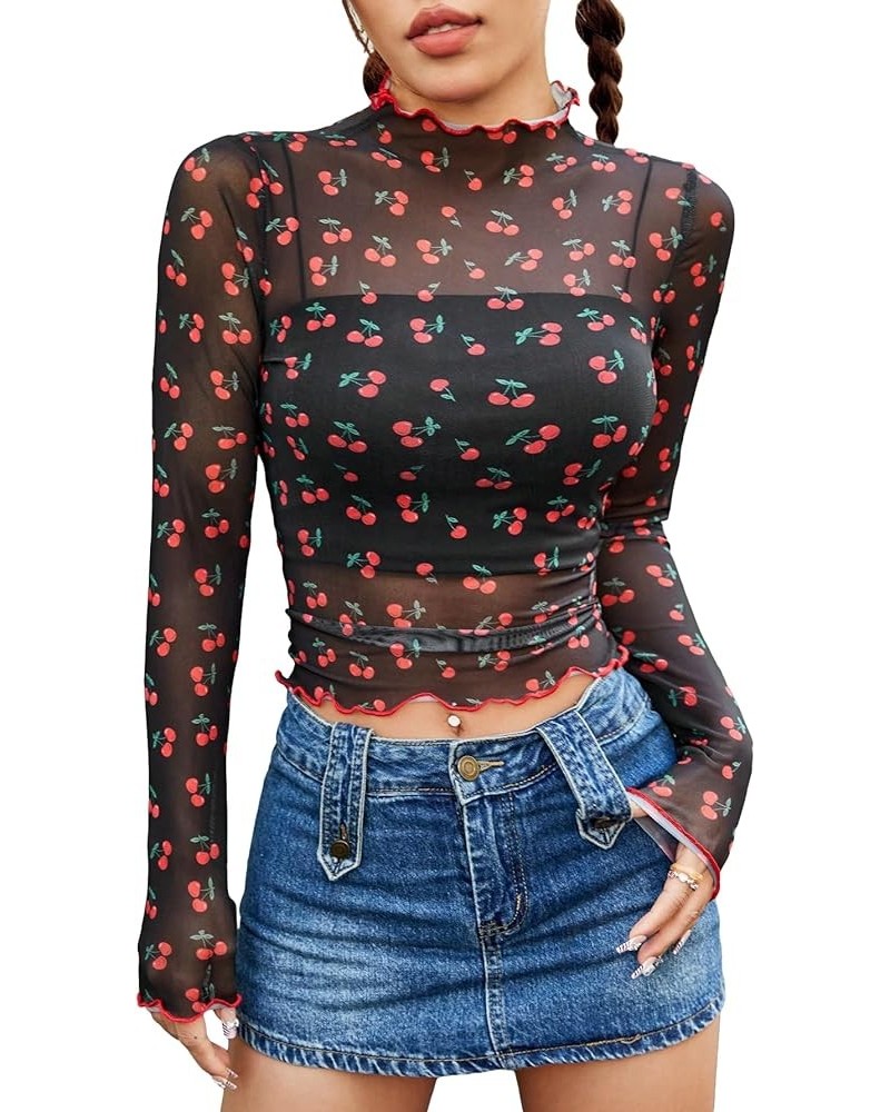 Women's Long Sleeve See Though Sheer Mesh Crop Tee Tops Black Cherry $10.50 T-Shirts