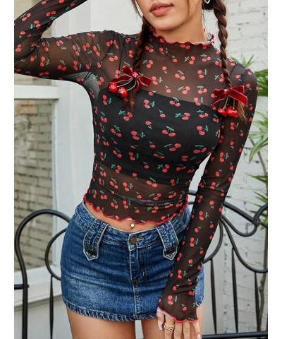 Women's Long Sleeve See Though Sheer Mesh Crop Tee Tops Black Cherry $10.50 T-Shirts