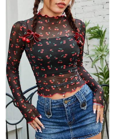 Women's Long Sleeve See Though Sheer Mesh Crop Tee Tops Black Cherry $10.50 T-Shirts