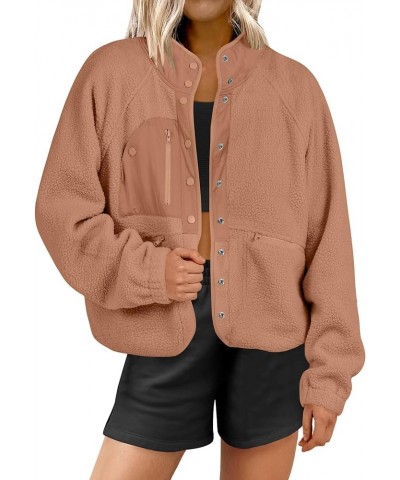 Womens Fleece Jacket Button Down Shacket Casual Sherpa Cropped Coats Warm Outwear with Pockets Brown $25.50 Jackets