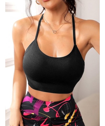 Women's Criss Cross Back Cut Out Crop Cami Top Scoop Neck Sports Bra Black Pure $8.31 Lingerie