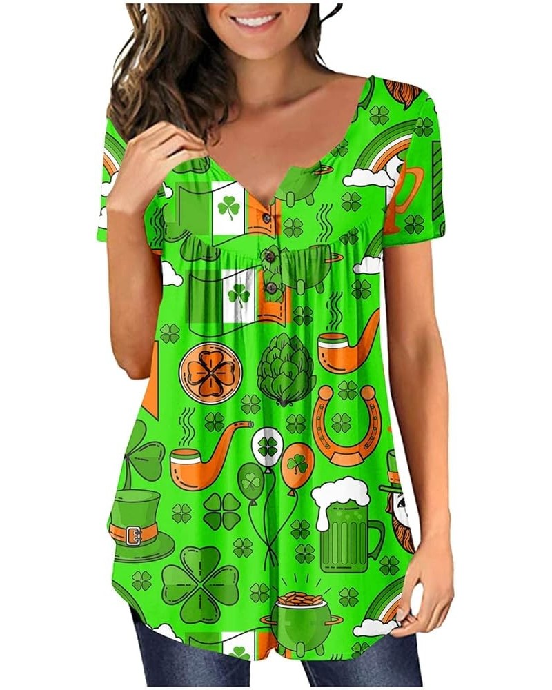 2024 Women's St Patricks Day Shirt Summer Henley Tops Buttons Blouse V Neck Print Short Sleeve Pullover Clothes Tees 045- Gre...