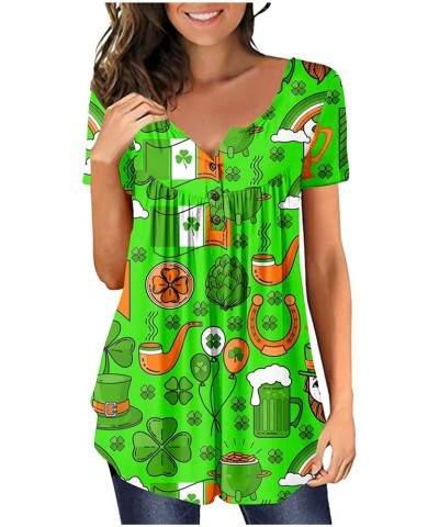 2024 Women's St Patricks Day Shirt Summer Henley Tops Buttons Blouse V Neck Print Short Sleeve Pullover Clothes Tees 045- Gre...