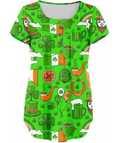 2024 Women's St Patricks Day Shirt Summer Henley Tops Buttons Blouse V Neck Print Short Sleeve Pullover Clothes Tees 045- Gre...