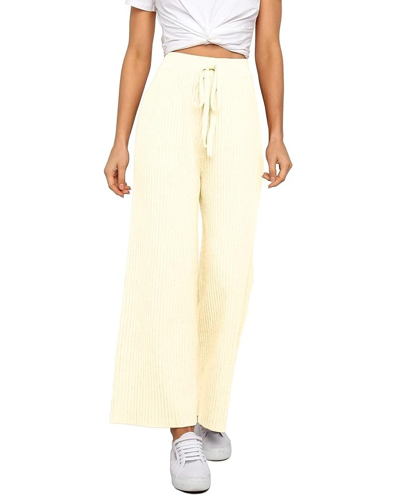 Womens Solid Rib Knit Wide Leg Pants Elastic Waist Flowy Sweater Pants Beige $19.50 Pants