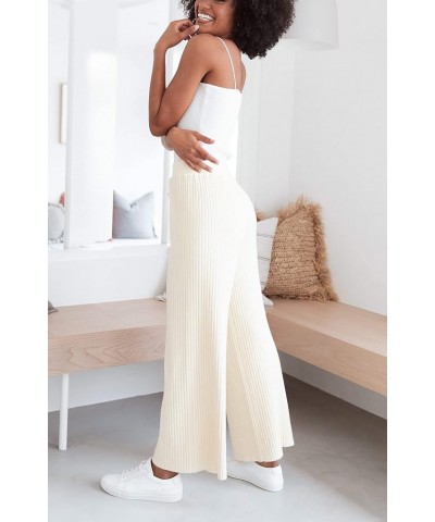 Womens Solid Rib Knit Wide Leg Pants Elastic Waist Flowy Sweater Pants Beige $19.50 Pants