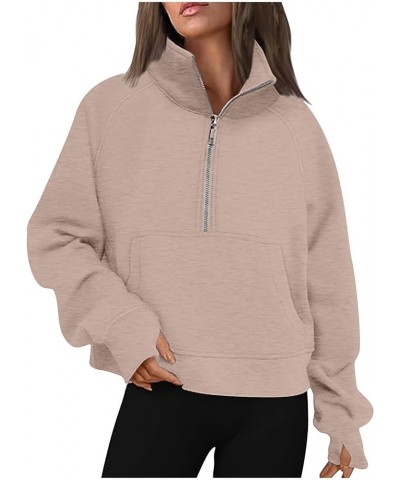 Women Half Zip Sweatshirt Hoodies Oversized Crop Pullover Winter Soft Warm Quarter Zipper Fall Tops with Pocket Khaki_04 $8.2...