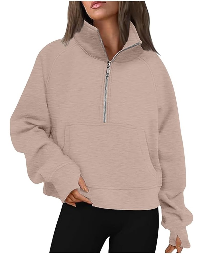 Women Half Zip Sweatshirt Hoodies Oversized Crop Pullover Winter Soft Warm Quarter Zipper Fall Tops with Pocket Khaki_04 $8.2...