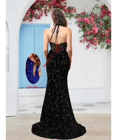 Sequin Halter Long Prom Dresses Corset Sparkly Mermaid Formal Party Gowns Beaded Sweetheart Evening Dress with Slit Mauve $41...